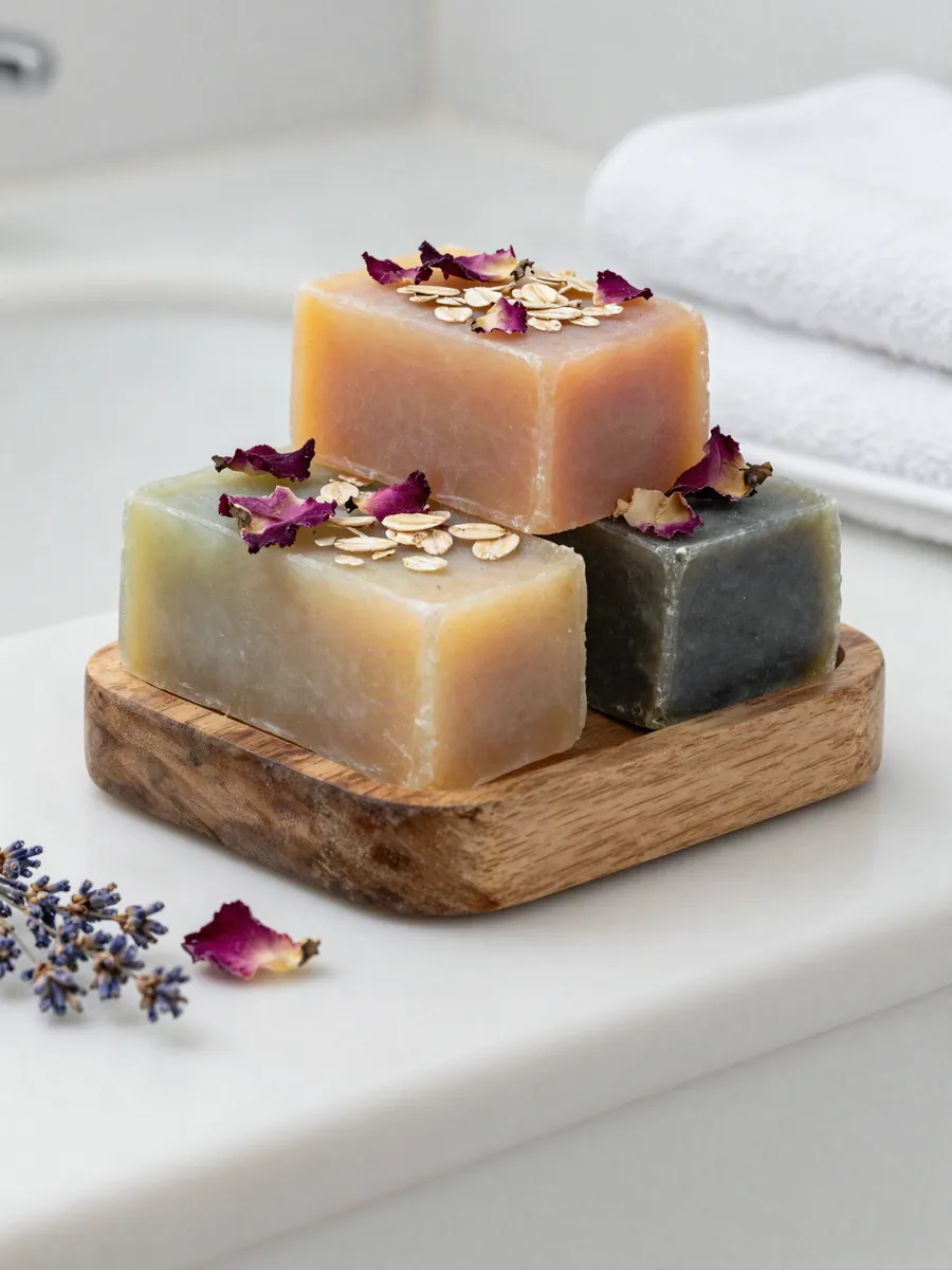Jabones artesanales con pétalos de rosa, avena y lavanda sobre jabonera de madera