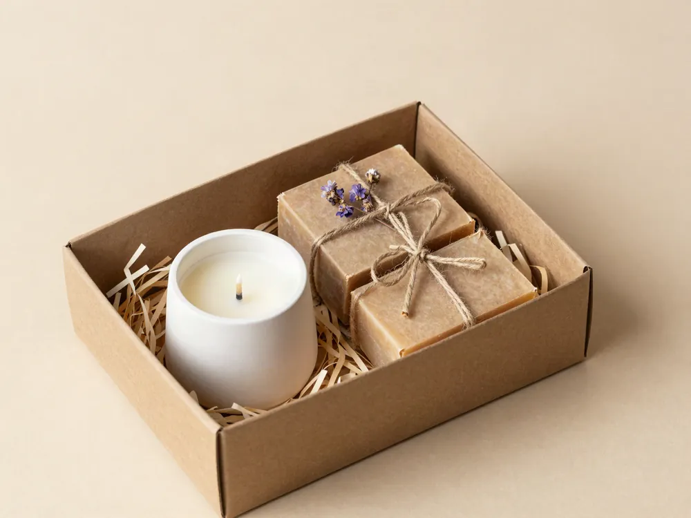 Caja de regalo artesanal con vela de soja en vaso de yeso y dos jabones envueltos en papel madera