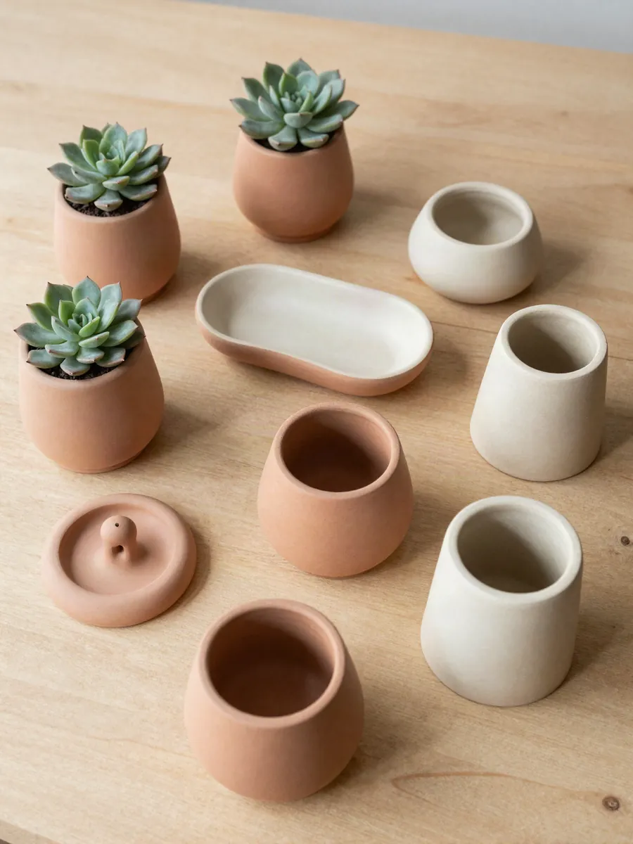 Macetas, bandejas y portavelas de yeso cerámico pigmentado en terracota, salvia y crema